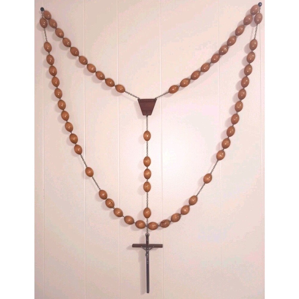 Vtg Olive Wood Religious Cross Crucifix Rosary Wall Hanging Priest Monk Beads - Picture 5 of 5